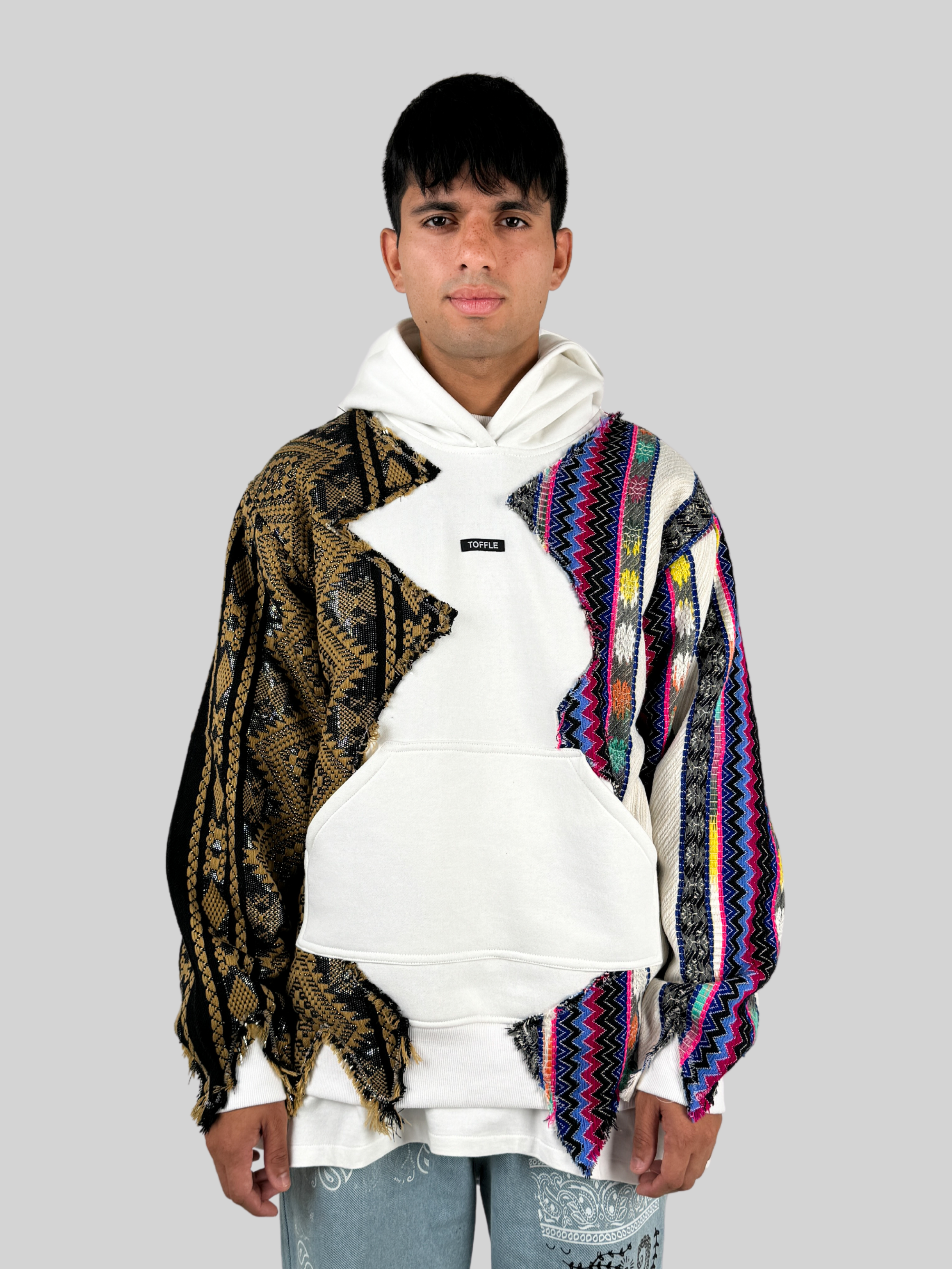 White Artistic Stitched Hoodie