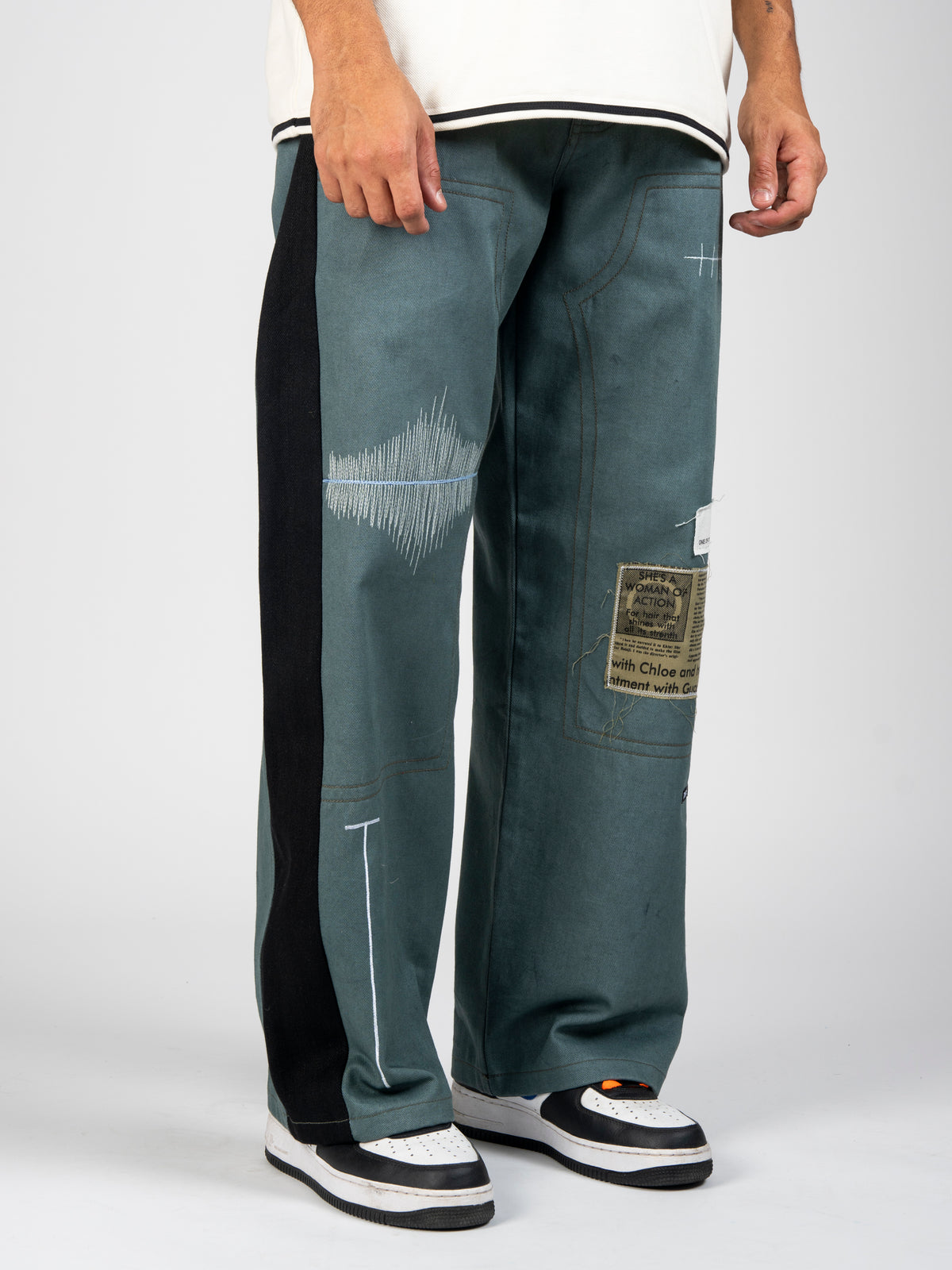 Olive Double Knee Stitch Jeans Bante double knee denim pants