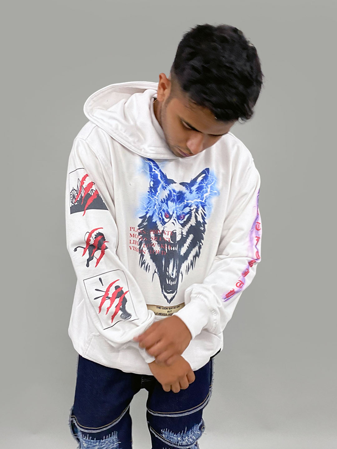 Wolf Mentality Hoodie (Charcoal/White) White Chest 36 Length 28  Lightweight