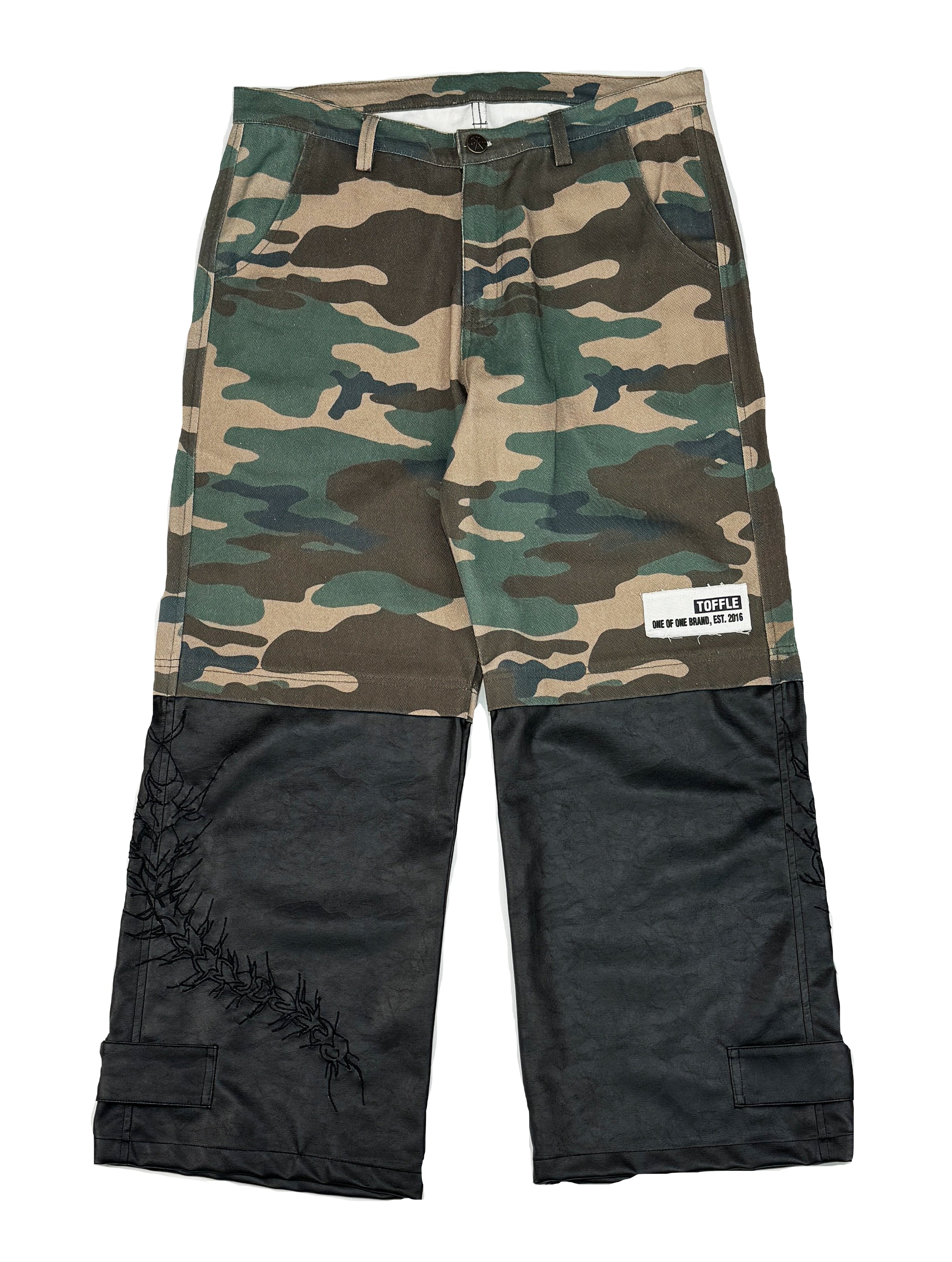 Embroidered Camo-Leather Denim