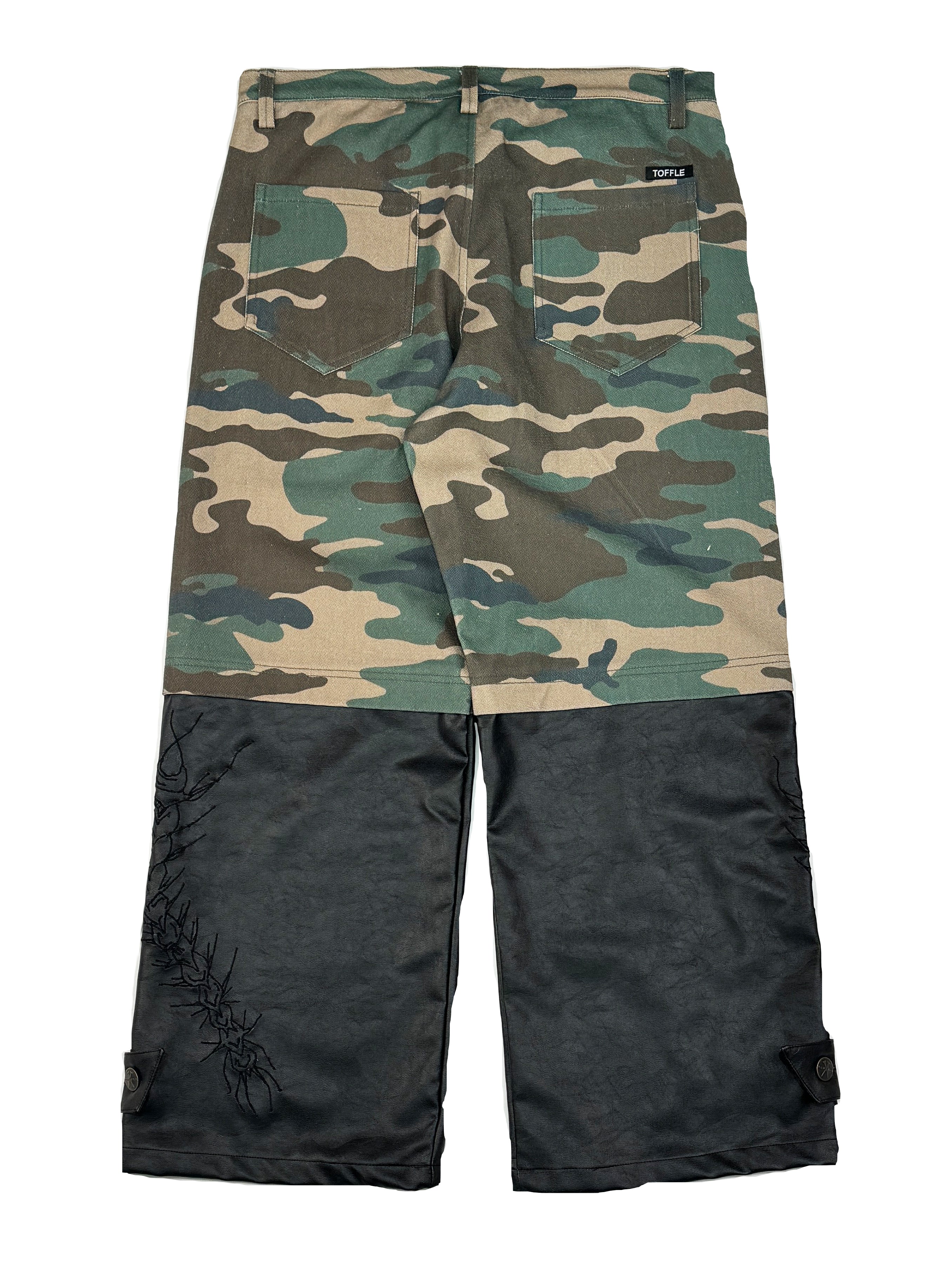 Embroidered Camo-Leather Denim