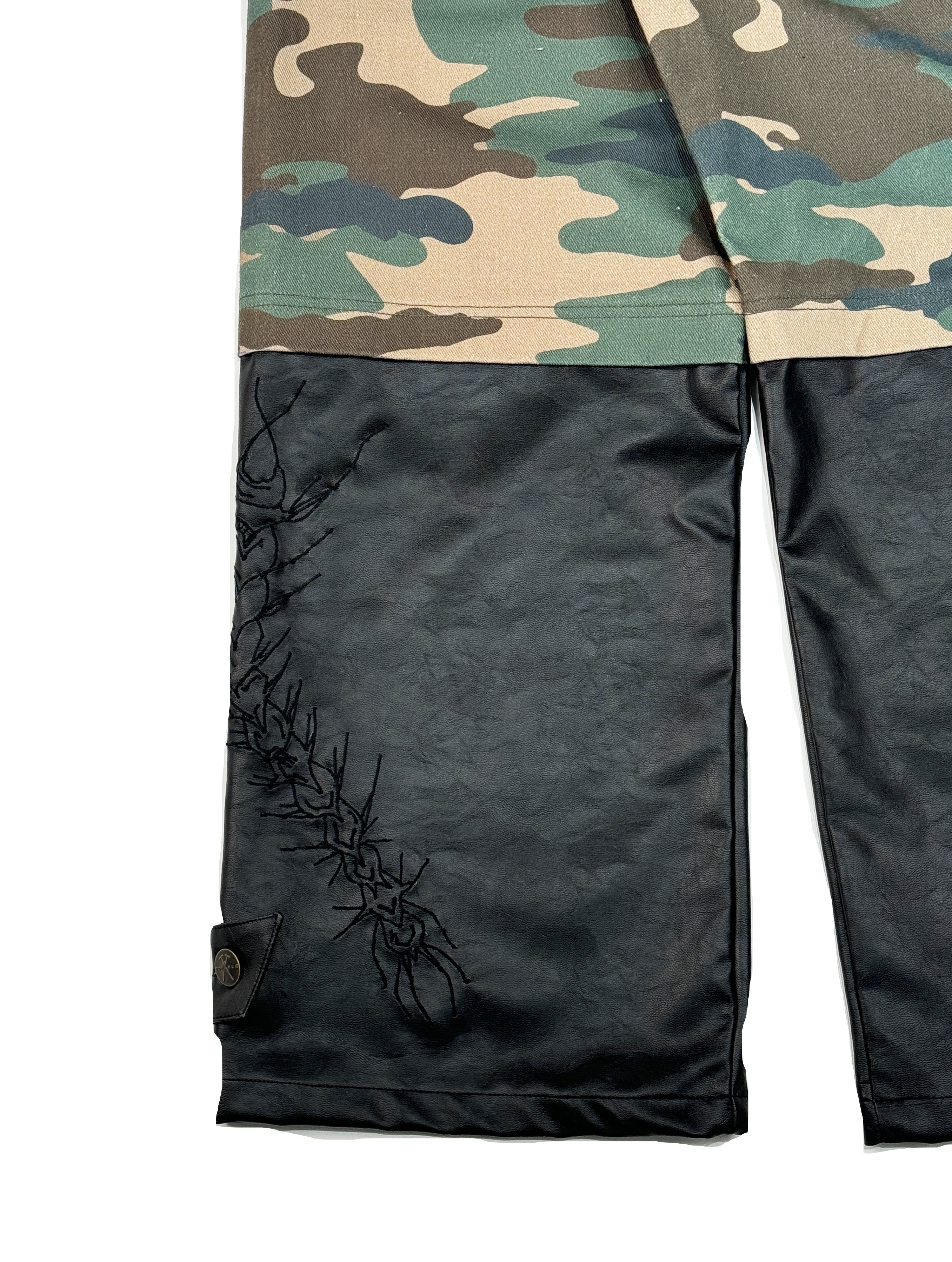 Embroidered Camo-Leather Denim