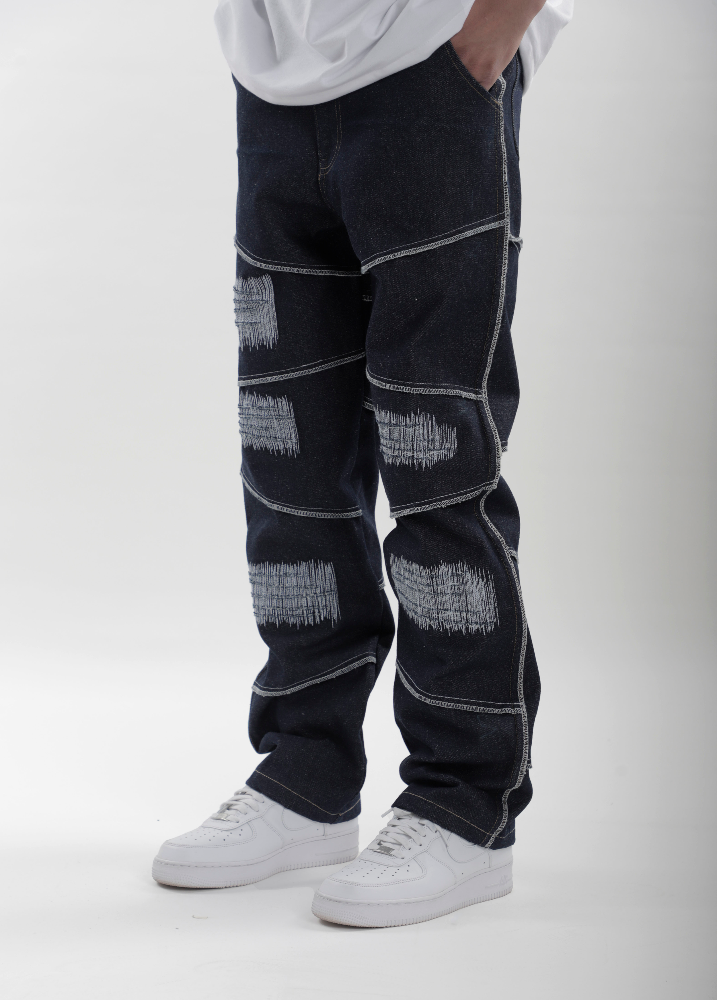 Light blue water patch pocket stitching jeans men straight long pants -  Shop MUYU Men's Pants - Pinkoi